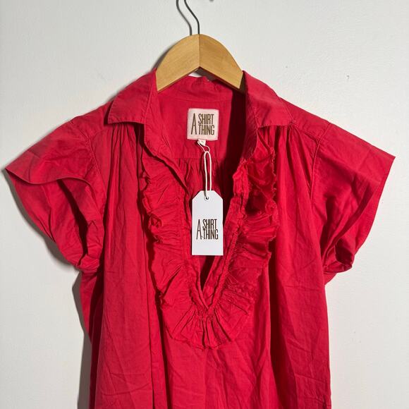 A Shirt Thing Penelope Cabo top Women XS Red Ruffle Preppy 100% Cotton NWT Work - Picture 3 of 7